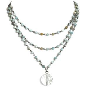 Layered Beaded Necklace Trio Clear Crystal Medallion Pendant Blue Tan Brown